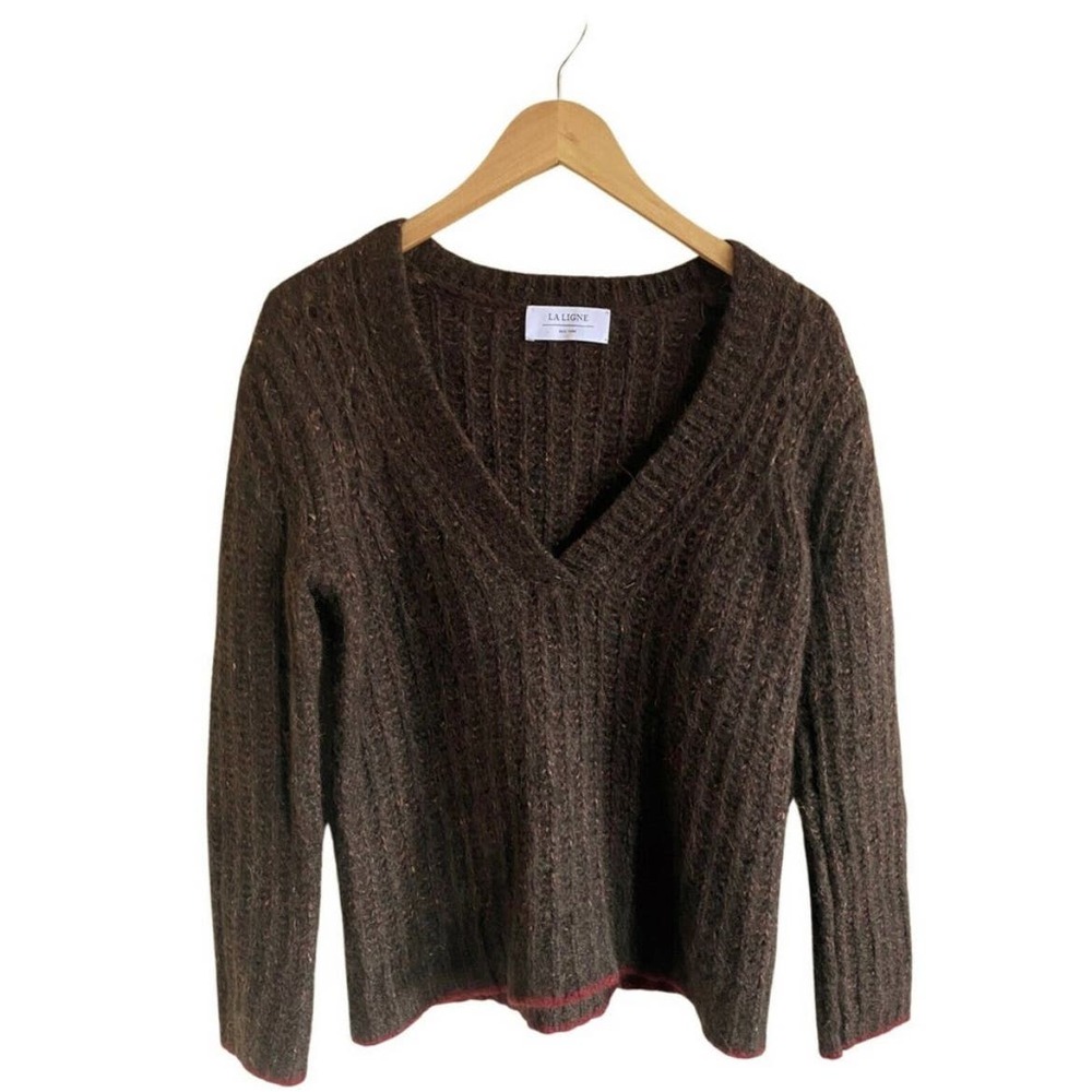 LA LIGNE Brown Sweater Fuzzy Wuzzy Pullover V-Neck Alpaca Cotton Wool Red Trim S - Picture 2 of 12